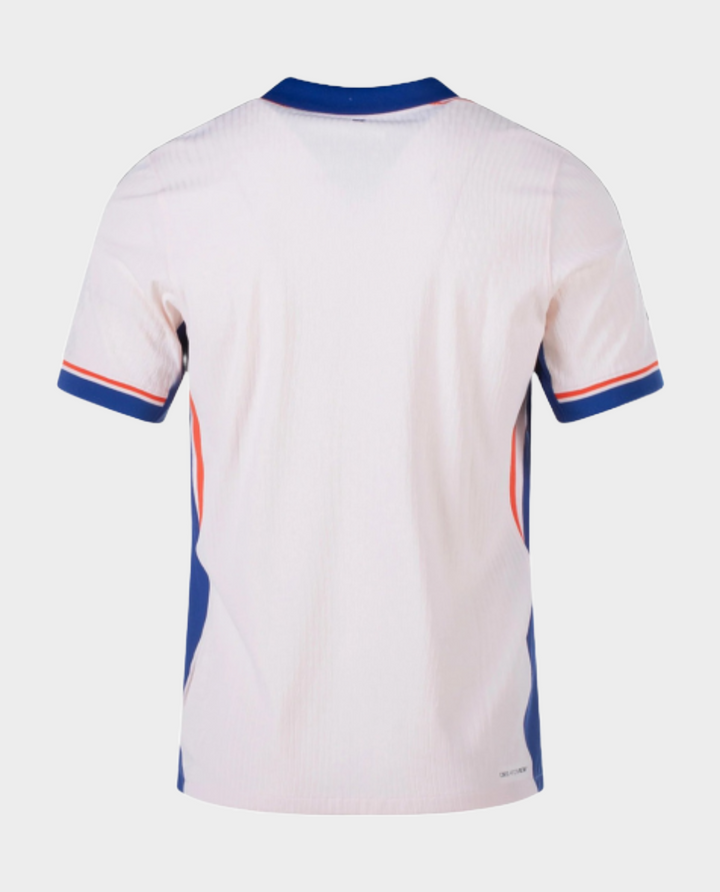 Back view of the Chelsea away jersey 2024 featuring a white design with blue and red accents