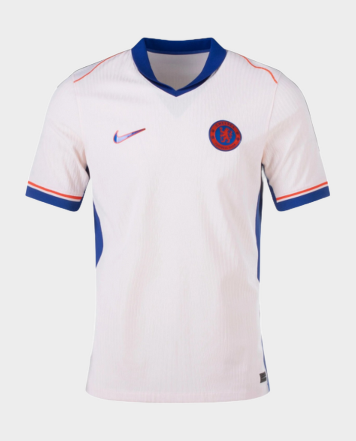 Chelsea Away Jersey 2024 in white with blue accents and logo for fans and players