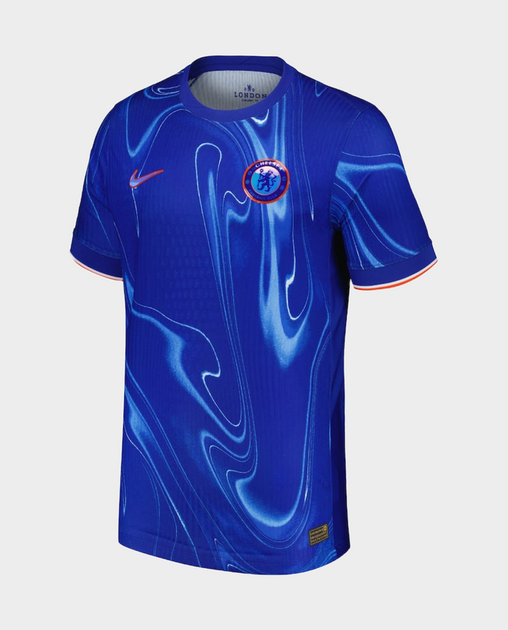 Chelsea home jersey 2024-25 featuring a vibrant blue swirl design from Striker Store