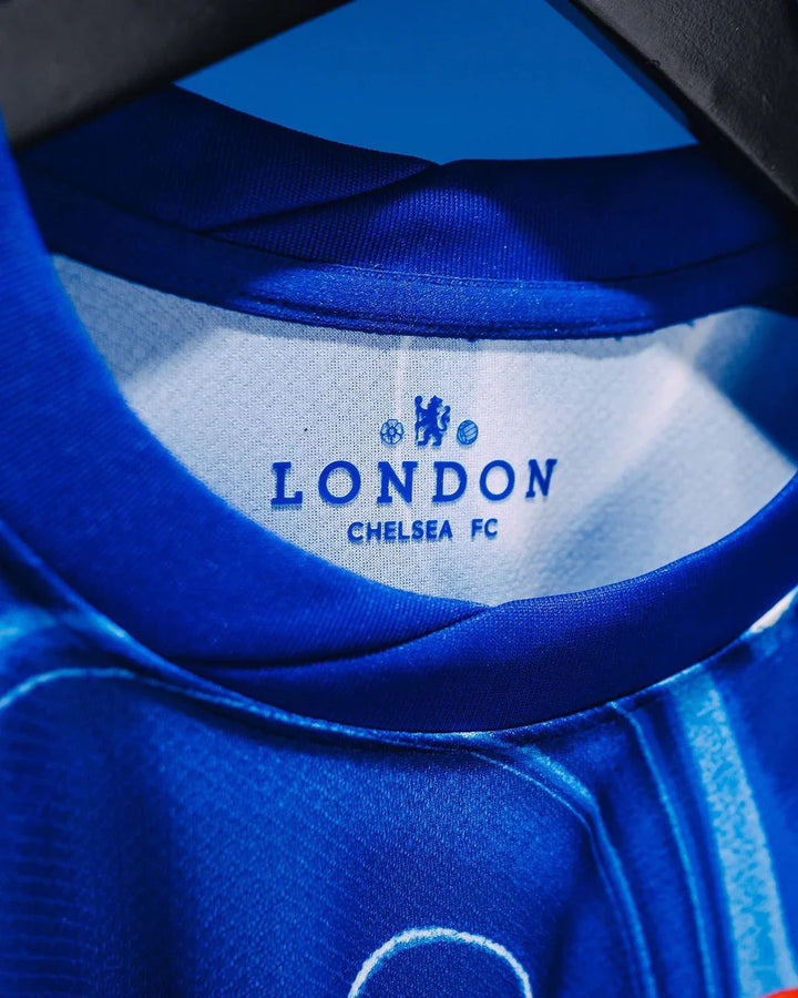 Close-up of Chelsea home jersey 2024 collar with London Chelsea FC logo detail