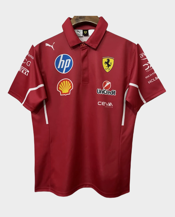 Ferrari F1 Racing Team Polo 2025 in red with sponsor logos and Puma branding
