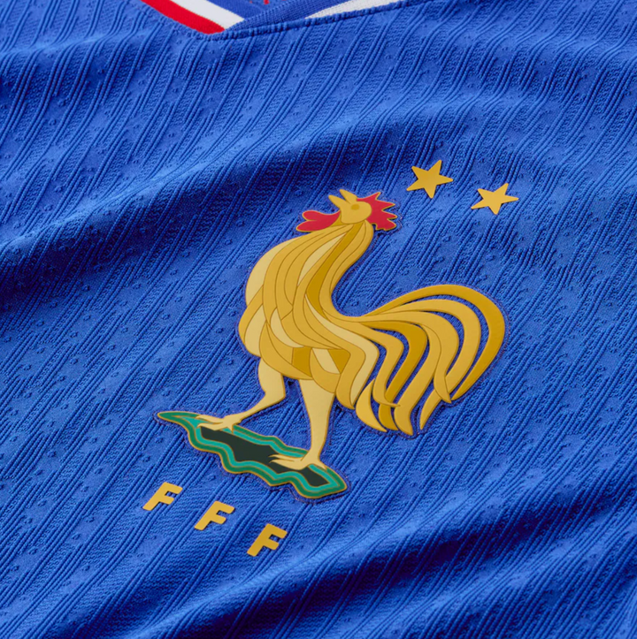 France Home Jersey 2024-25 featuring the iconic rooster emblem and detailed fabric design