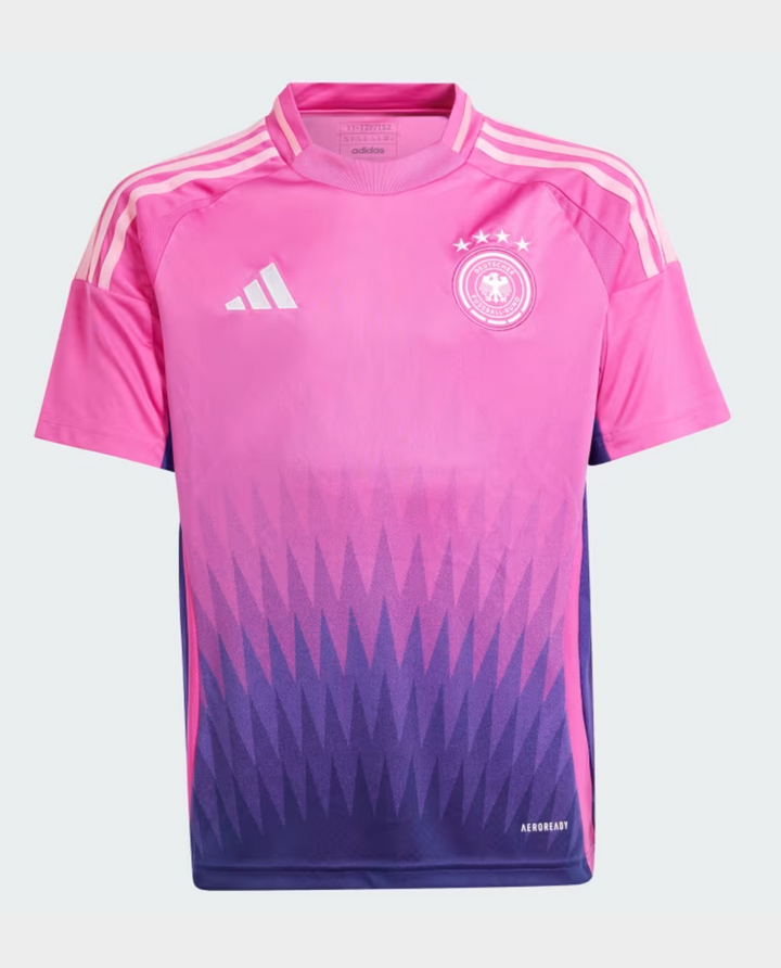 Germany 2024-25 away jersey in pink and purple with Adidas logo and gradient design