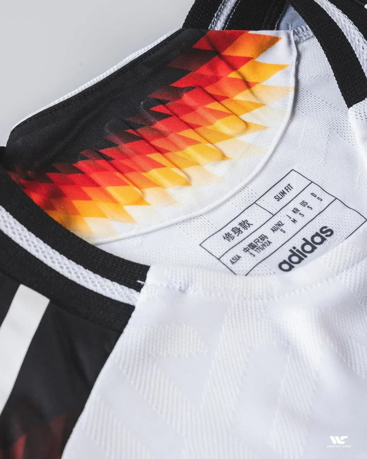 Close-up of Germany Home Jersey 2024-25 neckline detailing and Adidas label
