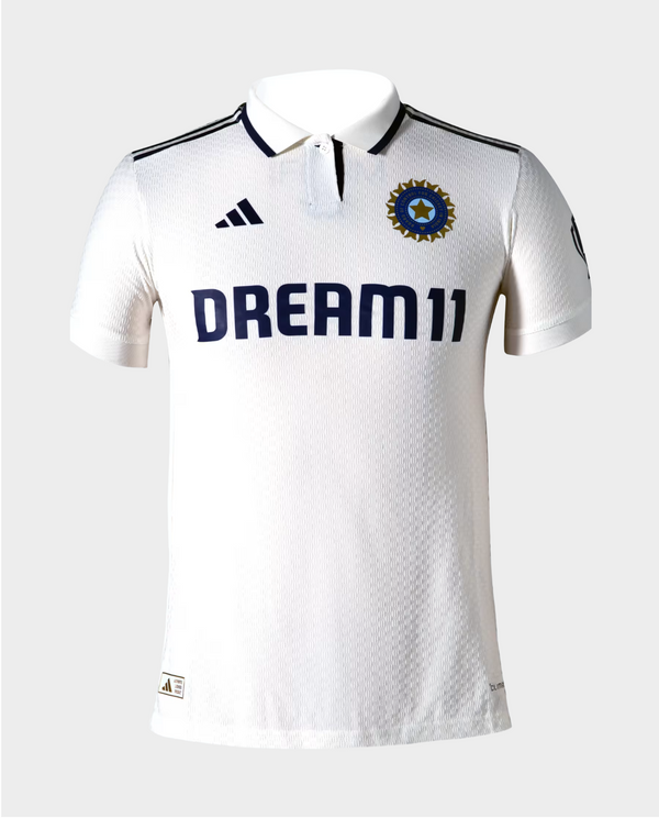Striker Store India cricket test jersey 2025 in white with Dream11 logo and black accents