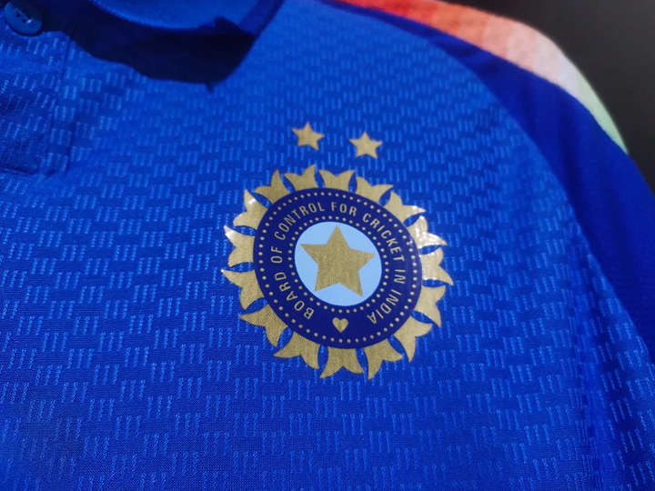 Close-up of the India ODI cricket jersey 2025 with BCCI logo in vibrant blue color