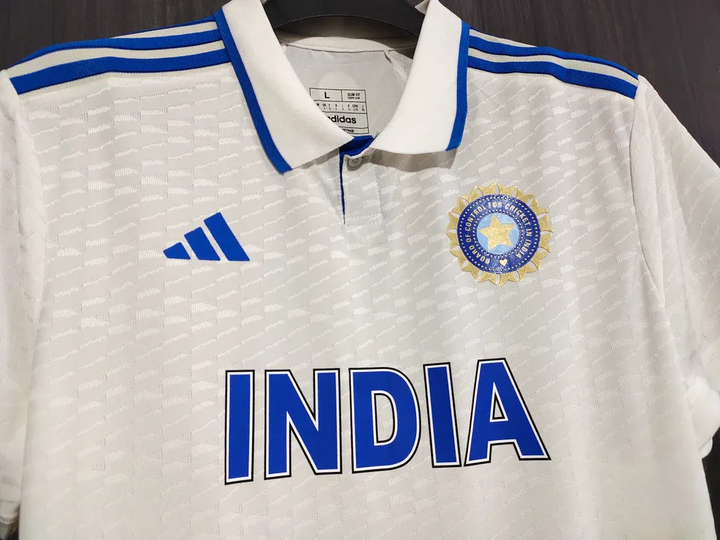 India Test Cricket Jersey 2025 in white with blue accents and embroidered logo from Striker Store