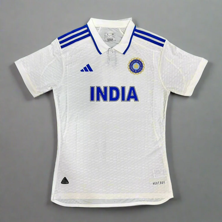 Striker Store India Test Cricket Jersey 2025 in white with blue accents and team logo