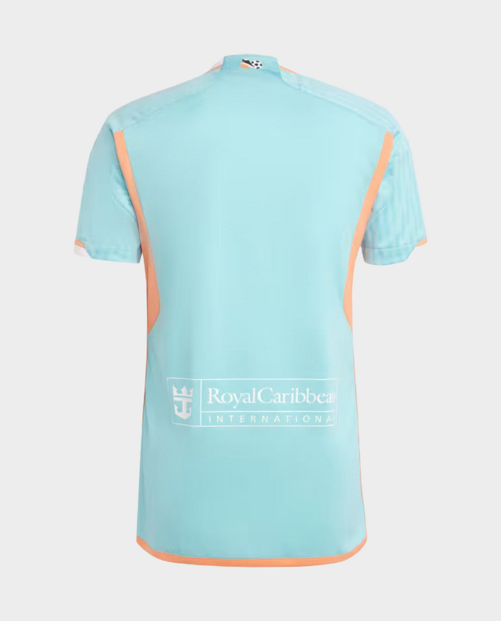Back view of the Inter Miami 2024 jersey in light blue with orange accents from Striker Store