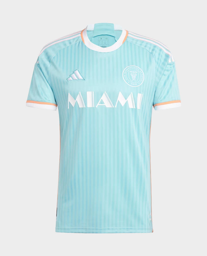 Inter Miami 2024 jersey in aqua blue with white lettering and striped design