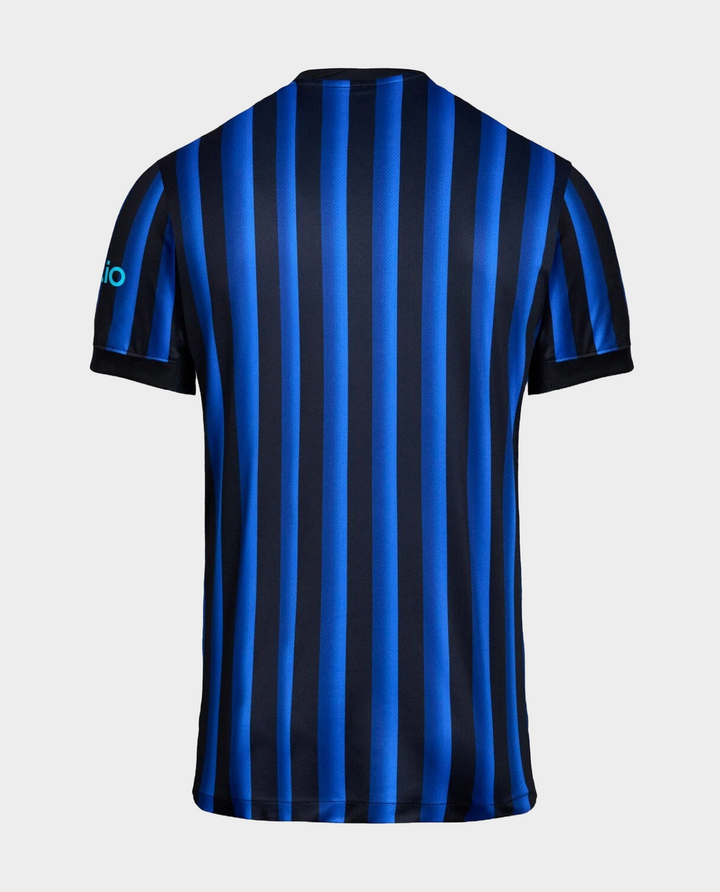 Back view of the Inter Milan 2025-26 home jersey with blue and black vertical stripes