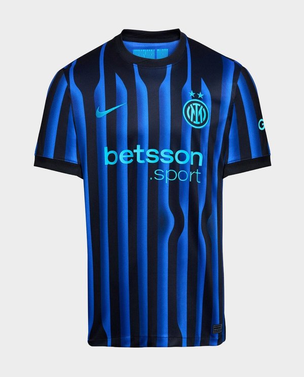 Striker Store Inter Milan 2025-26 home jersey with black and blue vertical stripes and sponsor logo