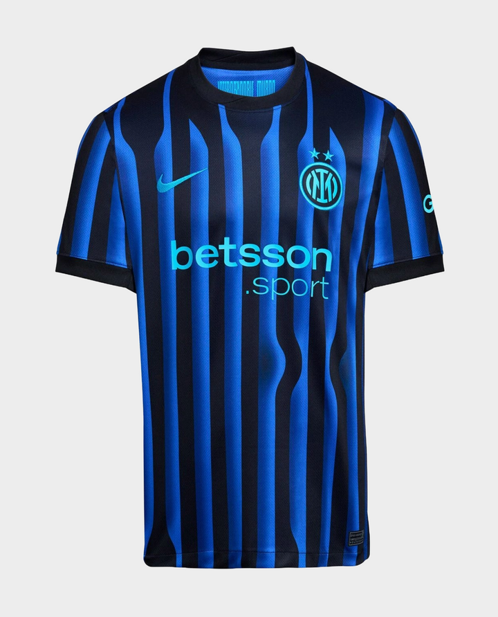 Striker Store Inter Milan 2025-26 home jersey with black and blue vertical stripes and sponsor logo