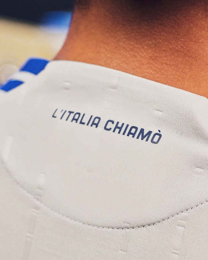 Italy away jersey 2024-25 featuring L Italia Chiamò text on the back for fans and players
