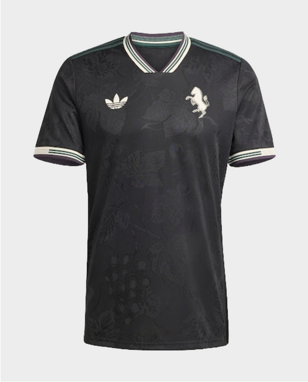 Juventus 25-26 third jersey featuring a sleek black design and floral pattern