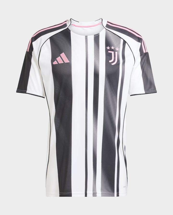 Juventus Home Jersey 25-26 player with iconic black and white stripes and pink accents