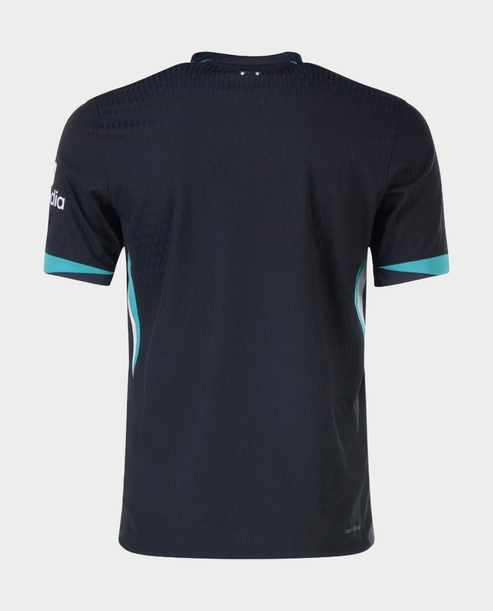 Back view of Liverpool away jersey 2024-25 fan version with sleek black design and turquoise accents