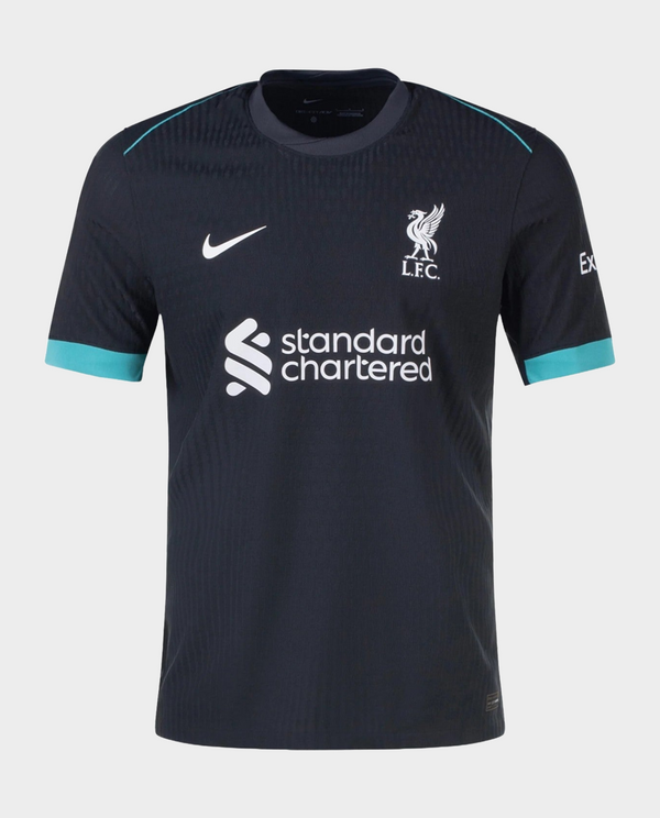 Liverpool away jersey 2024-25 fan version in black with turquoise accents and club logo