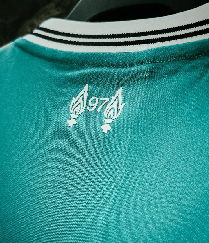 Detail of Liverpool third jersey 2025-26 player version featuring a unique collar and graphic design