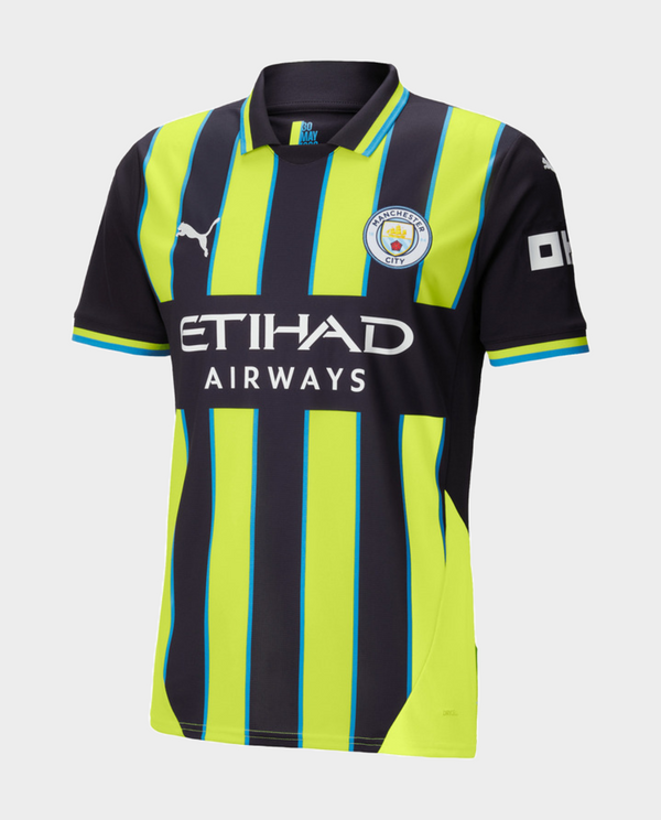 Manchester City away jersey 2024-25 in black and neon with club logo and sponsor branding