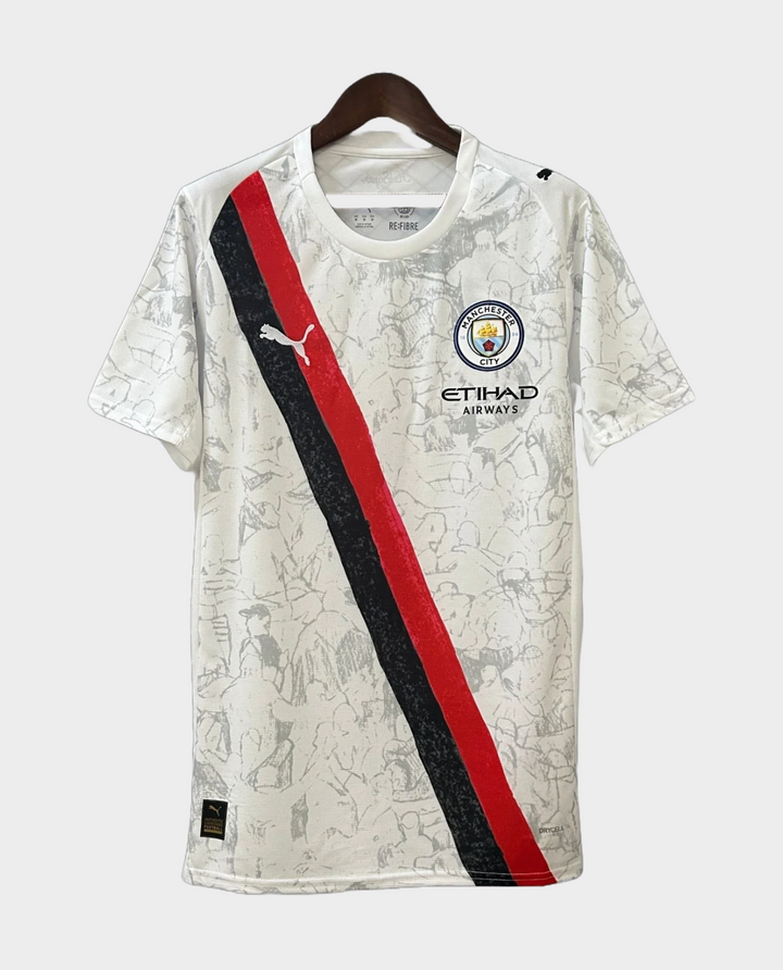 Manchester City away jersey 2025-26 in white with red and black diagonal stripes by Striker Store