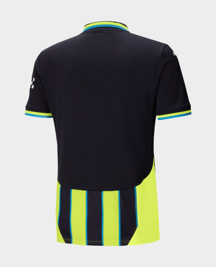 Back view of Manchester City away jersey player version featuring a sleek black and neon design