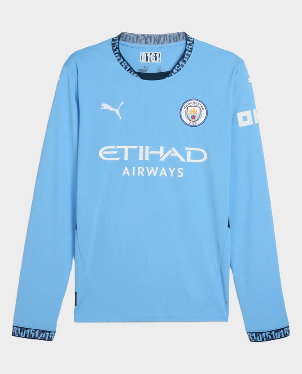 Manchester City full sleeve jersey 2024 in sky blue with ETIHAD AIRWAYS logo and Puma branding