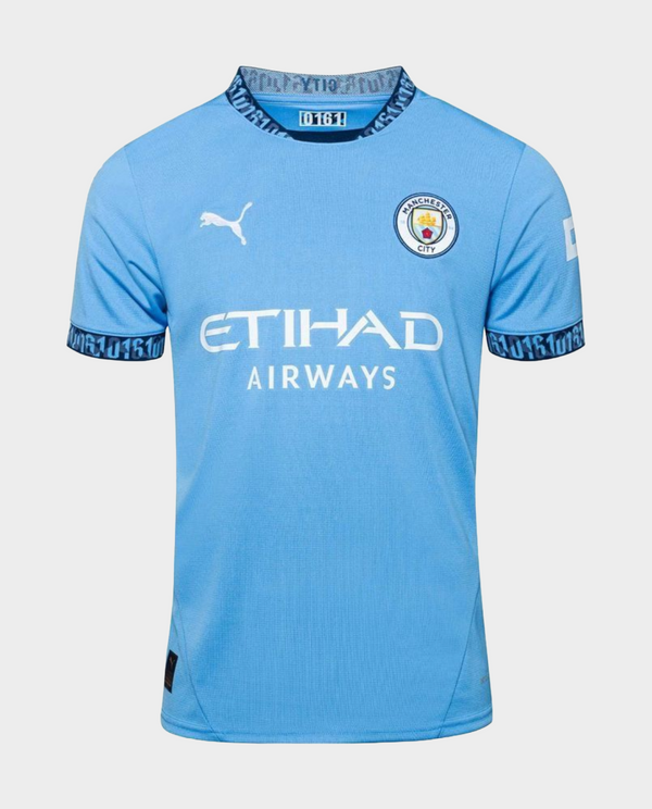 Manchester City home jersey 2024 in blue with club logo and Etihad Airways branding