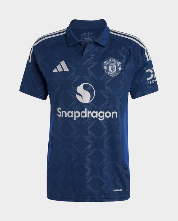 Manchester United 2024-25 away jersey in navy blue with logo and sponsor graphics
