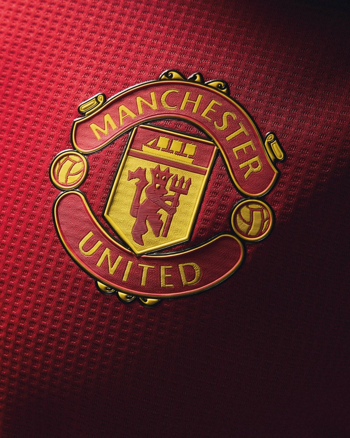 Detail of the Manchester United 2024 home jersey logo with vibrant red fabric texture