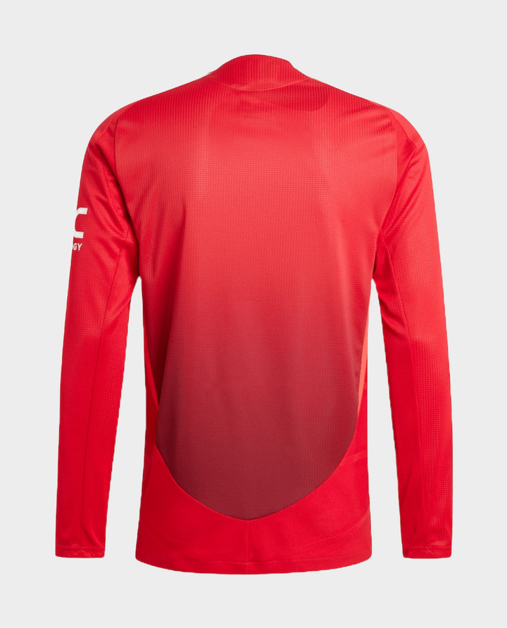 Back view of the Manchester United 2024 jersey in red, featuring a modern design and long sleeves