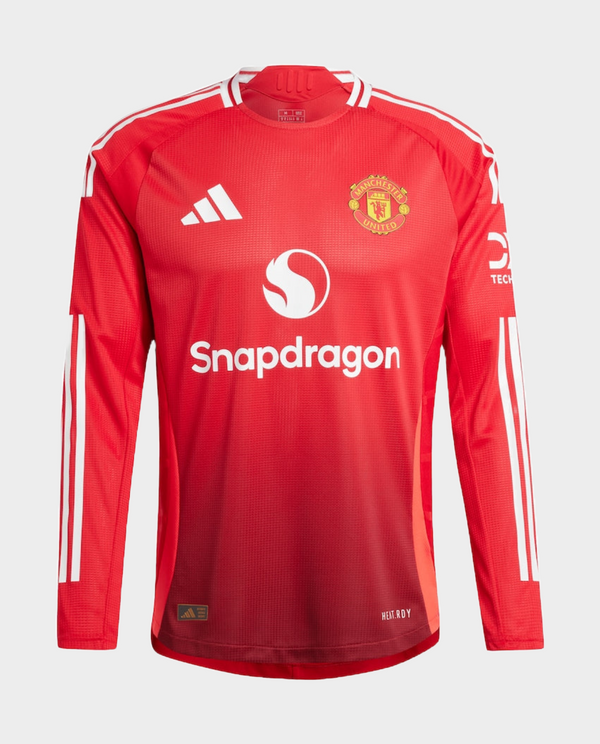 Manchester United 2024 jersey in red with white stripes and Snapdragon logo, perfect for fans