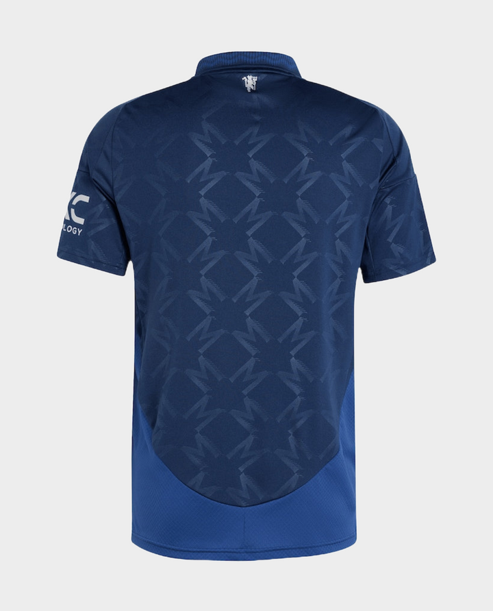 Back view of Manchester United away jersey 2024 featuring a stylish blue pattern