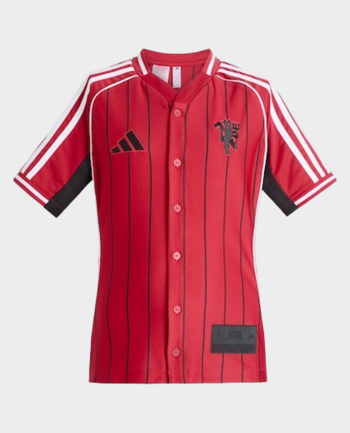 Striker Store Manchester United special edition shirt 2025 in red with striped design and black accents