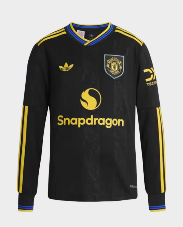 Manchester United third jersey 2025-26 in black with yellow accents and emblem from Striker Store
