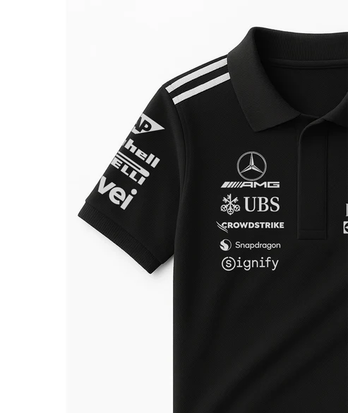 Mercedes AMG Petronas F1 polo 2025 in black with official team logos and sponsor branding on sleeves