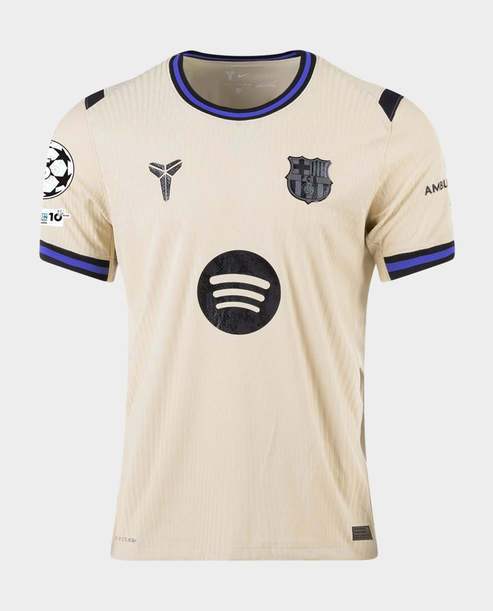 Striker Store Barcelona away jersey 2025-26 cream short sleeve kit with black Spotify logo and purple trim
