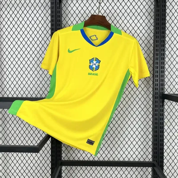 Brazil 2025 home jersey in yellow and green with logo and Nike branding for soccer fans