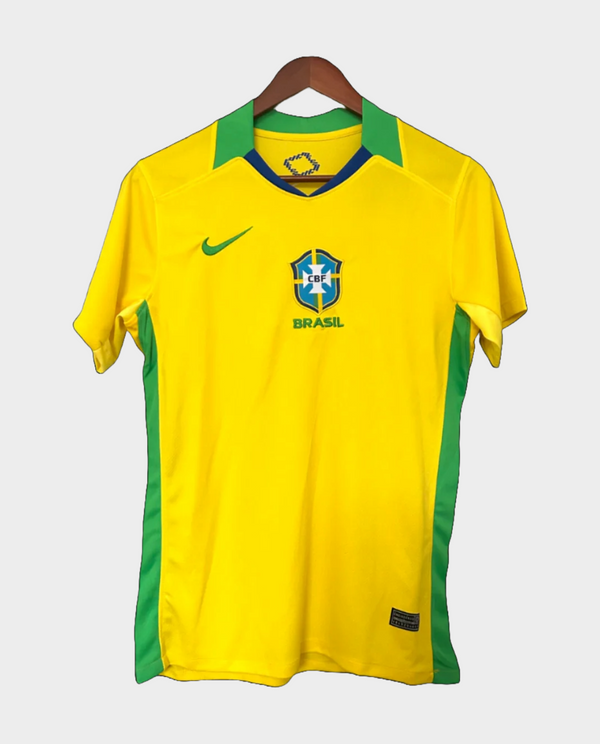 Brazil 2025 home jersey in yellow with green accents and official logo for fans and players