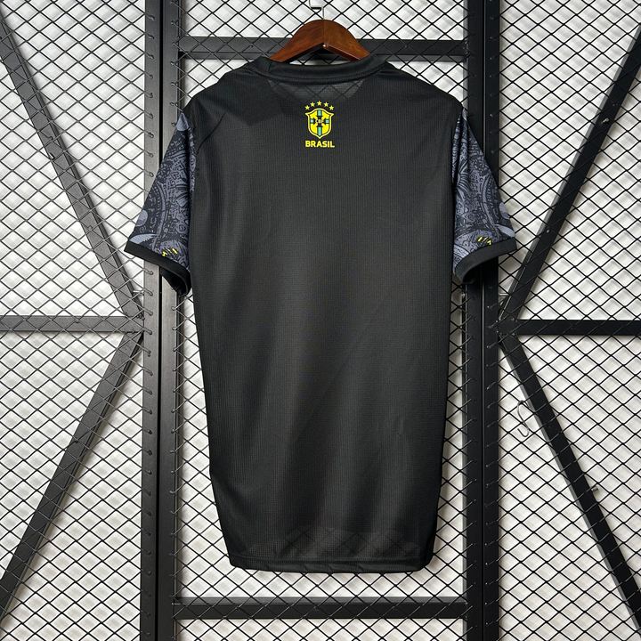 Back view of Striker Store Brazil Christ the Redeemer jersey in black with patterned sleeves