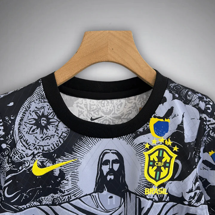 Brazil Christ the Redeemer jersey by Striker Store featuring black collar and yellow Brazil football crest