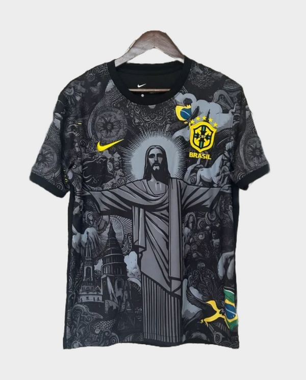 Brazil Christ the Redeemer jersey by Striker Store featuring dark graphic design and Brazil emblem