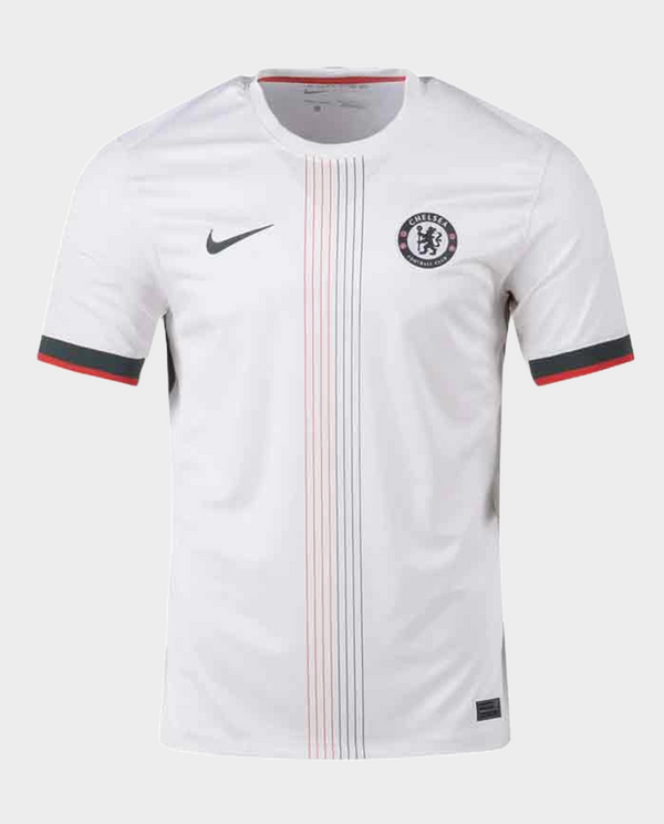 Striker Store Chelsea away jersey 2025-26 in white with black and red details and Nike logo