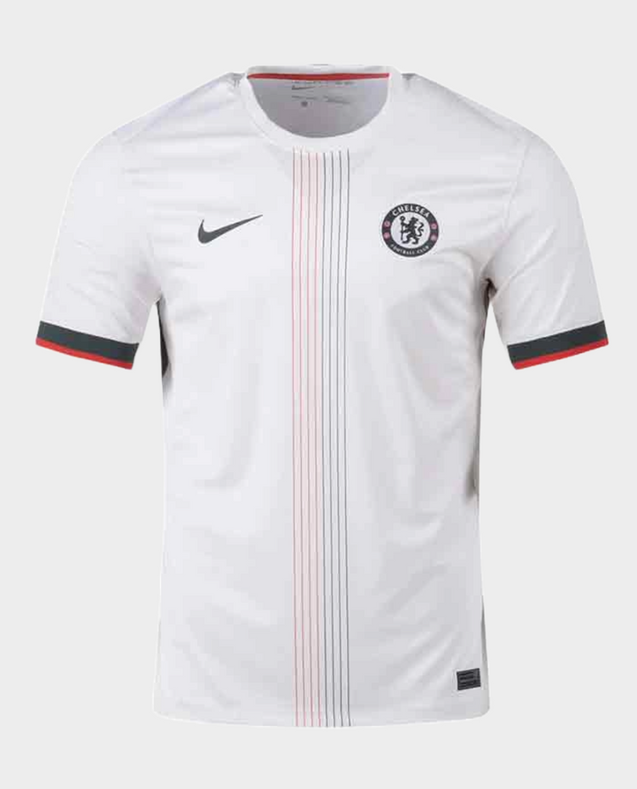 Striker Store Chelsea away jersey 2025-26 in white with black and red details and Nike logo