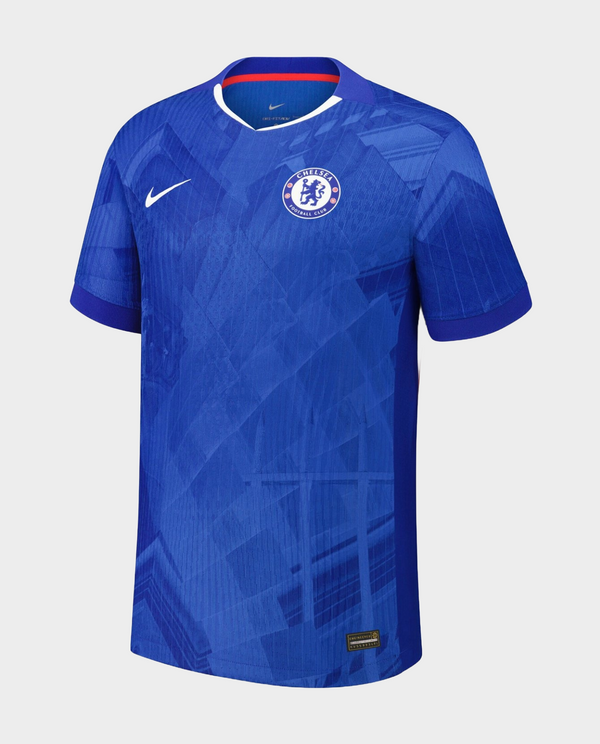 Chelsea home jersey 2025-26 by Striker Store featuring a blue geometric design and Nike branding