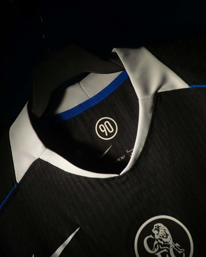 Striker Store black Chelsea Third Jersey 2025-26 Player Version with white collar blue trim and club crest