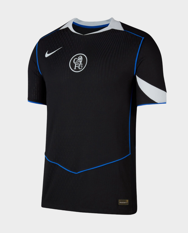 Striker Store Chelsea Third Jersey 2025-26 Player Version black with blue piping white Nike logo and club crest