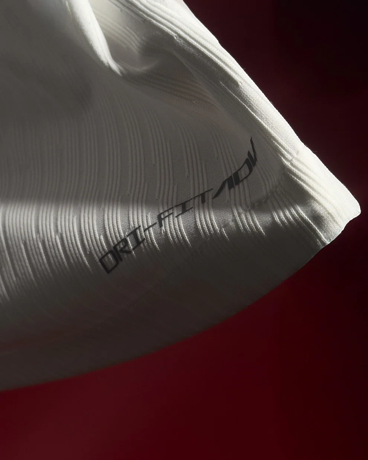 Striker Store close up of Tottenham Hotspur 2025 home jersey white textured sleeve with Dri FIT fabric