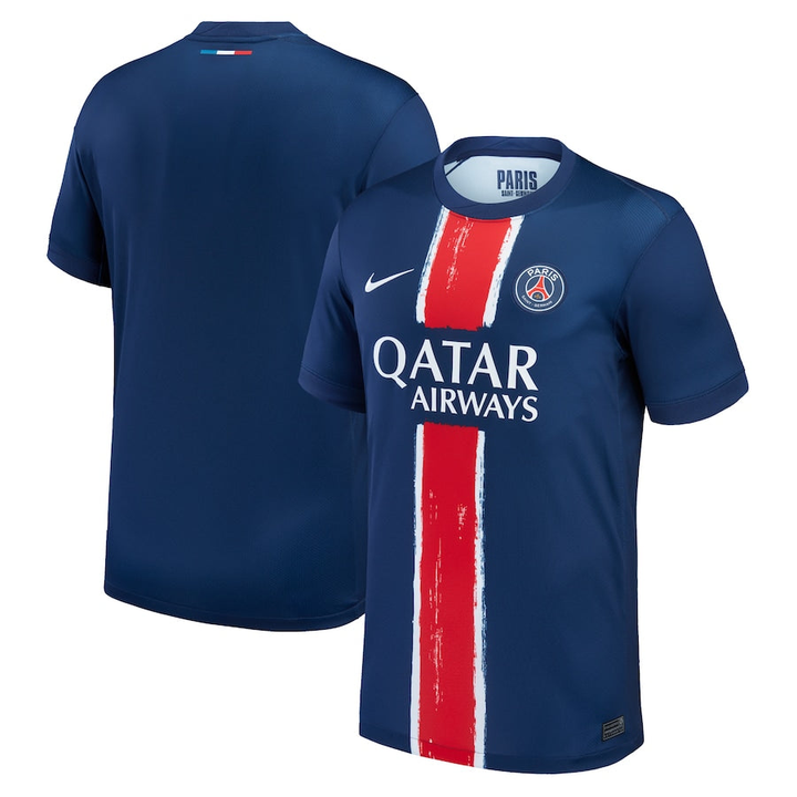 Striker Store Paris home jersey 2024-25 in navy blue with red stripe and Qatar Airways logo