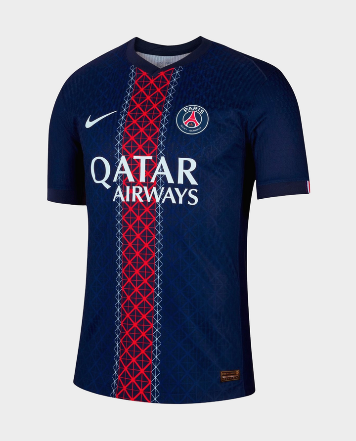 Paris home jersey 2025 Player Version navy blue with red vertical pattern and Qatar Airways logo
